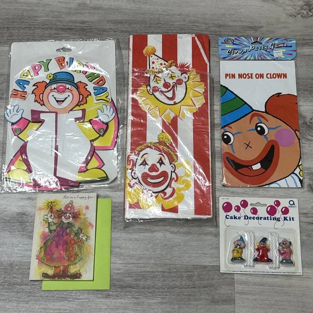 Vtg Birthday Party Supplies Clown Cake Toppers Game Cloth Honeycomb Centerpiece